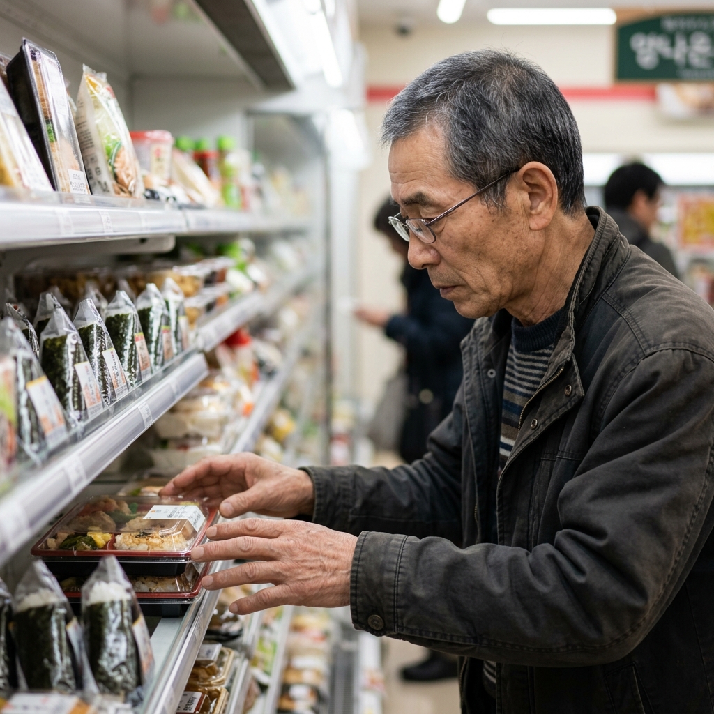 일본 편의점 진열대에 놓인 다양한 오니기리와 도시락 상품들