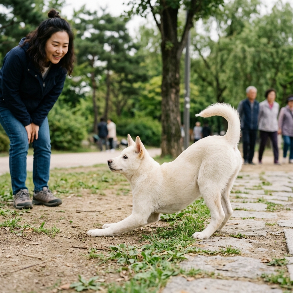 공원에서 앞다리를 숙이고 엉덩이를 치켜들며 놀자고 신호를 보내는 강아지