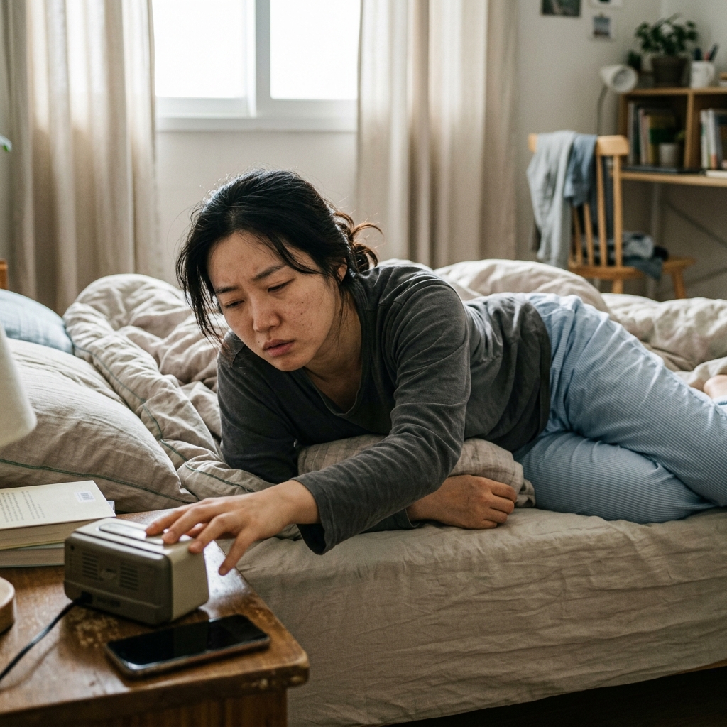 아침에 알람을 끄며 피곤한 표정으로 침대에 누워 있는 사람의 모습