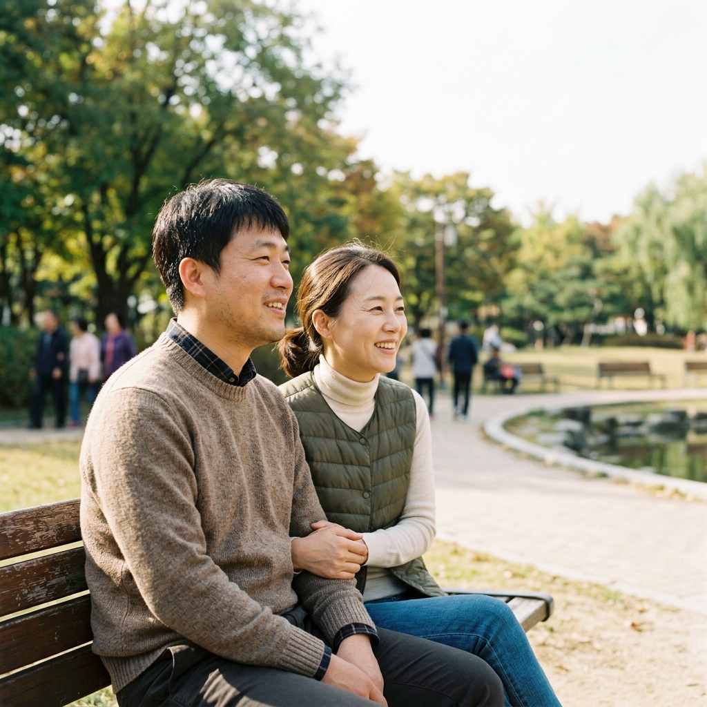 두 사람이 나란히 앉아 같은 방향을 바라보며 미소 짓는 장면