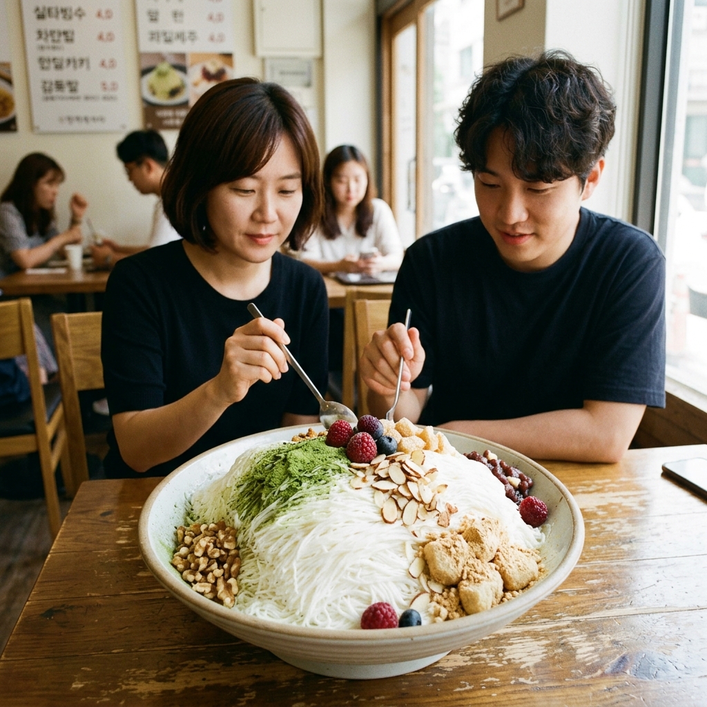실처럼 가늘게 쌓아올린 빙수와 화려한 토핑