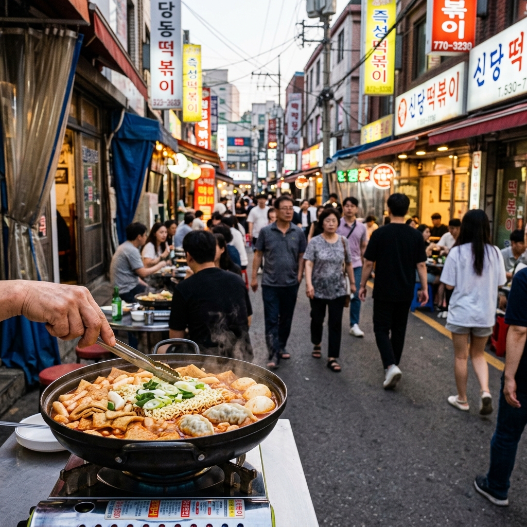 신당동 떡볶이 골목 전경과 다양한 재료로 끓여지는 즉석떡볶이 풍경