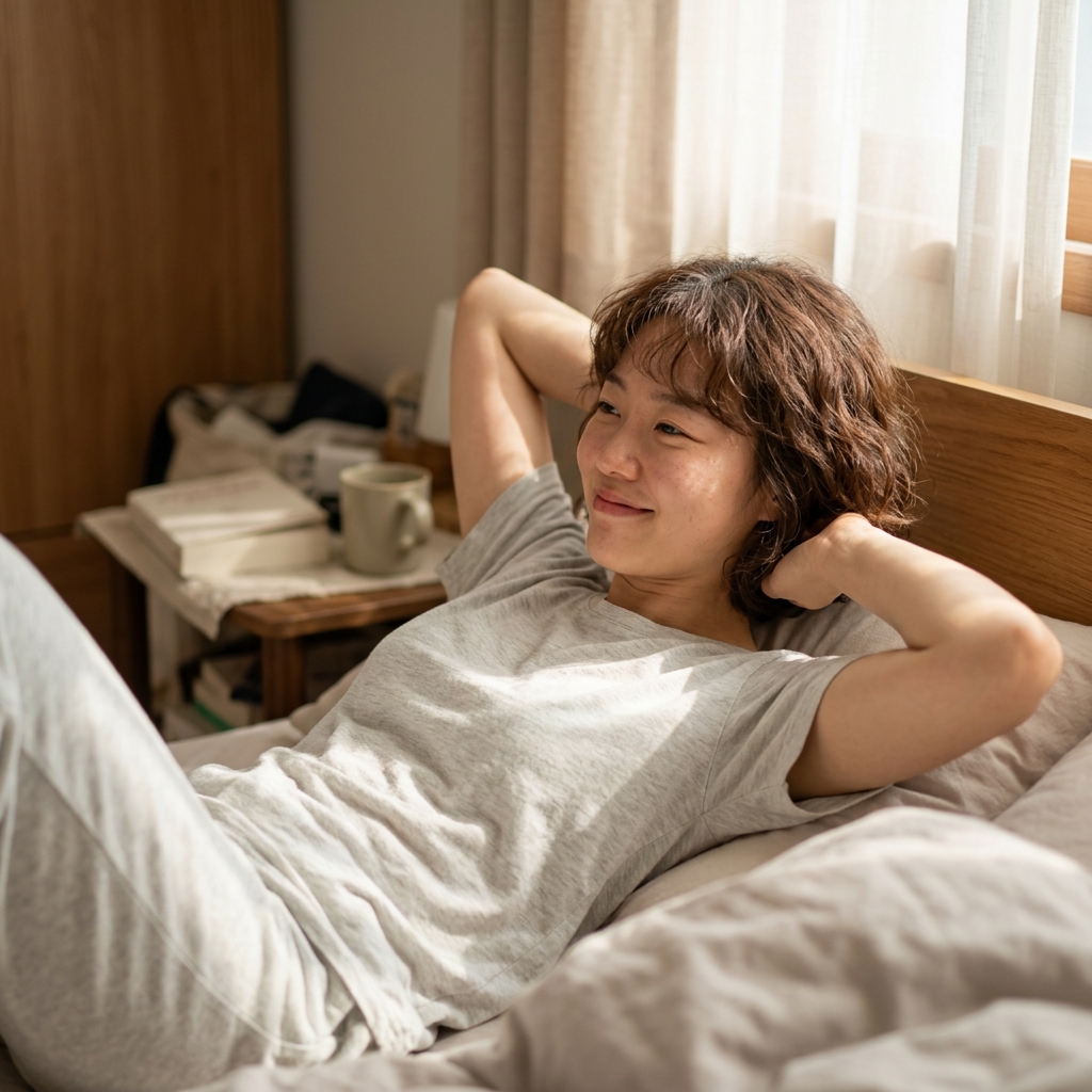 침실에서 아침 햇살을 받으며 개운하게 일어나는 한국인 여성의 자연스러운 모습