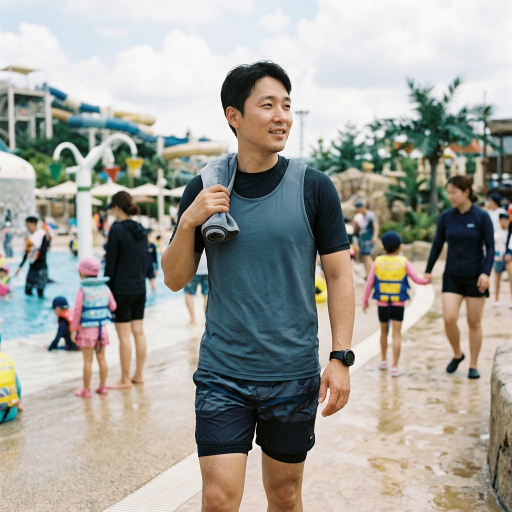 보드숏과 수영복을 레이어드한 남성 워터파크 코디