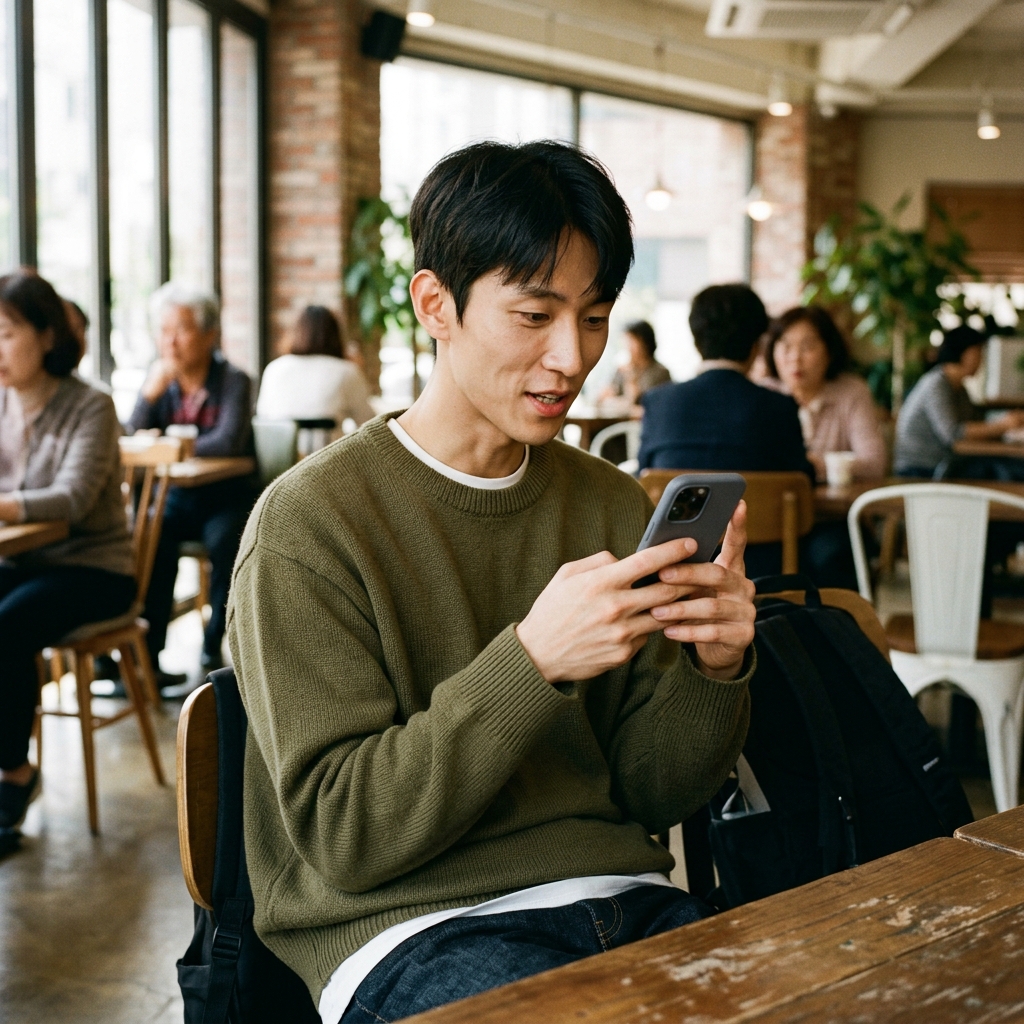 카페에서 스마트폰으로 메시지를 주고받는 20대 청년의 모습
