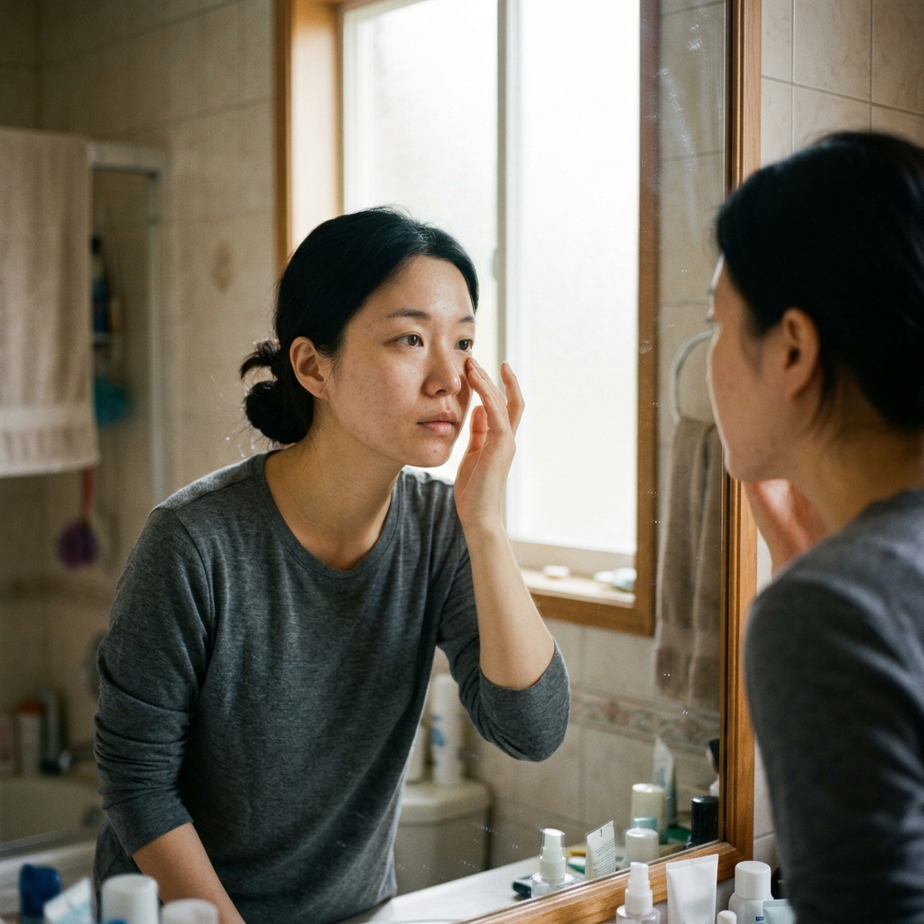 거울을 보며 자신의 피부 상태를 확인하고 있는 여성의 모습