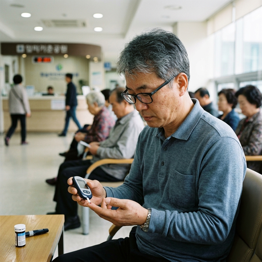 병원에서 혈당 측정기를 사용하는 중년 환자