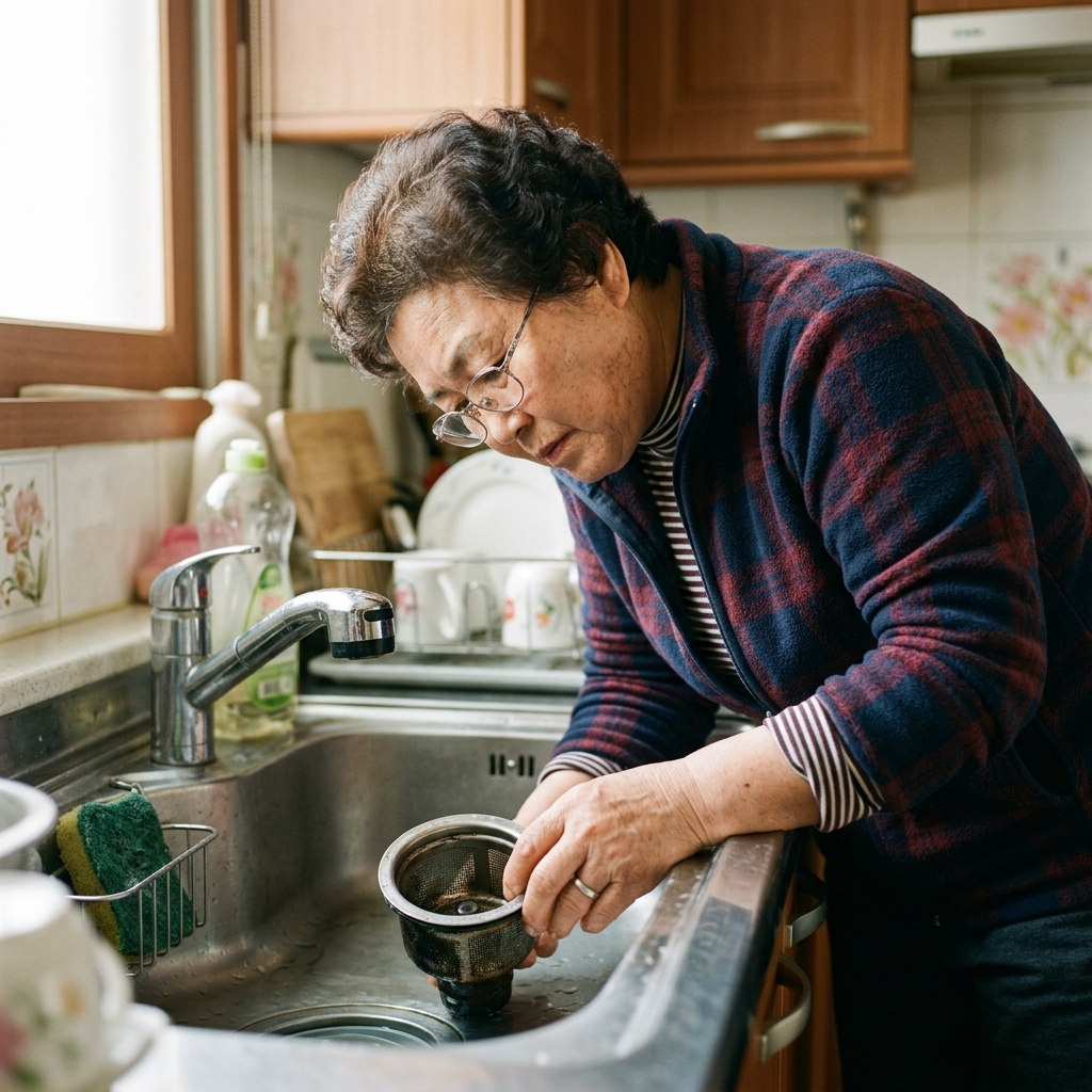 주방 싱크대 배수구 주변을 확인하는 모습