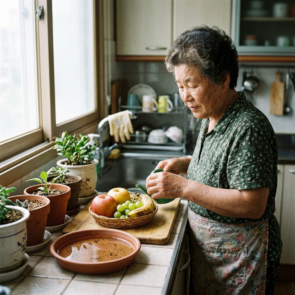 화분 받침에 고인 물과 과일이 놓인 주방 풍경