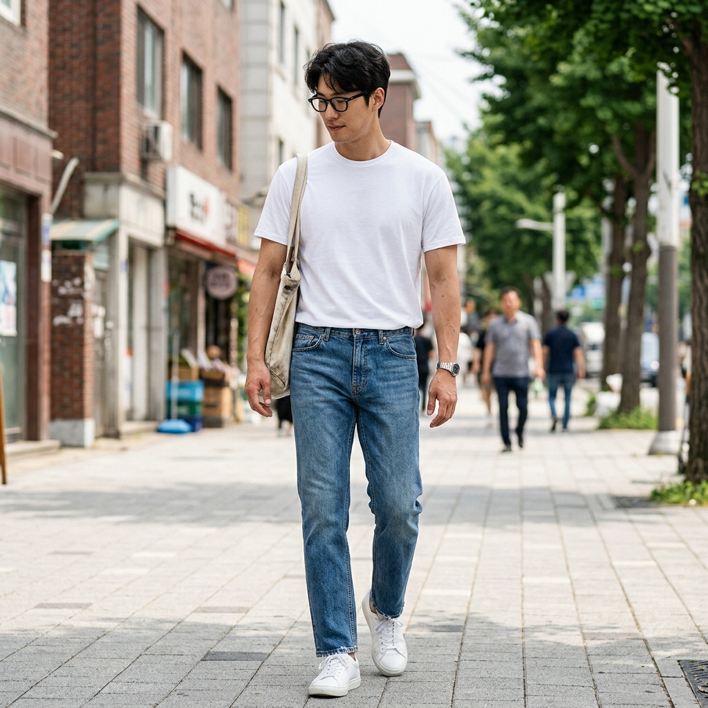 화이트 티셔츠와 데님을 입은 남성의 깔끔한 데일리룩 전신 모습