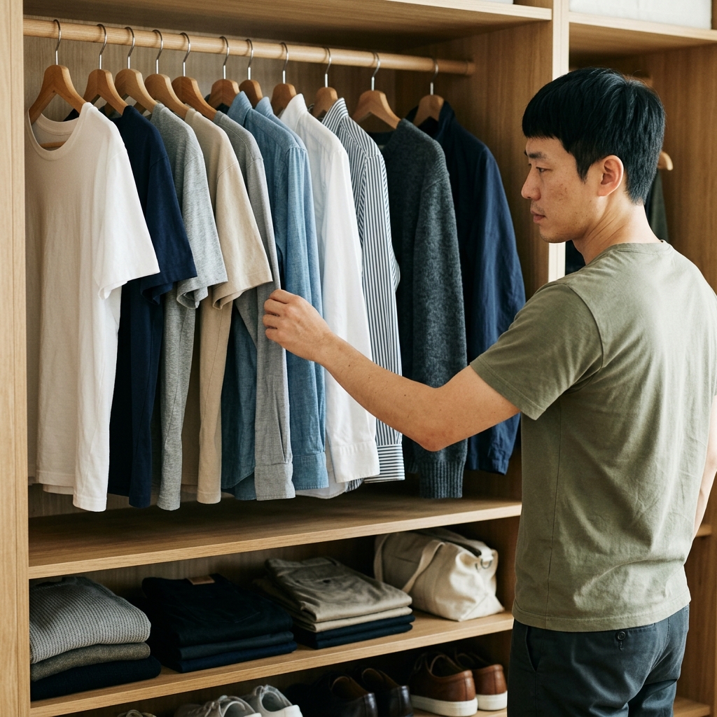 베이직한 색상의 남성 기본템들이 정돈되어 걸려 있는 모습