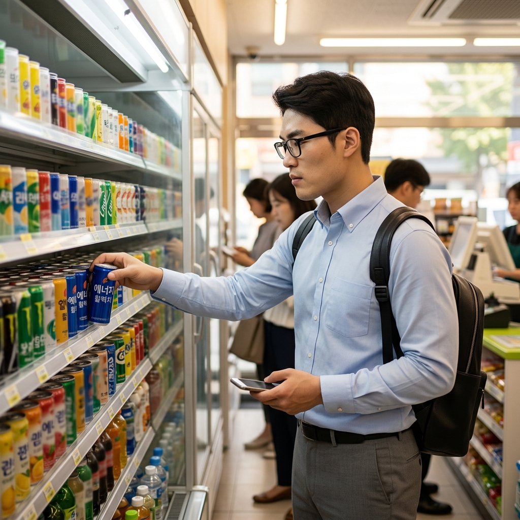 편의점 냉장고 앞에서 에너지 음료를 고르는 젊은 직장인