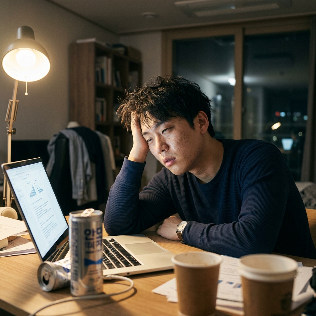 책상 위에 놓인 에너지 음료와 노트북 화면 앞에서 피곤한 표정을 짓는 사람