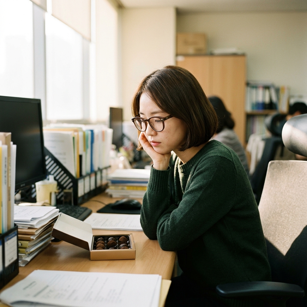 오후 사무실에서 한국인 젊은 여성이 책상 위 초콜릿을 바라보는 일상 장면