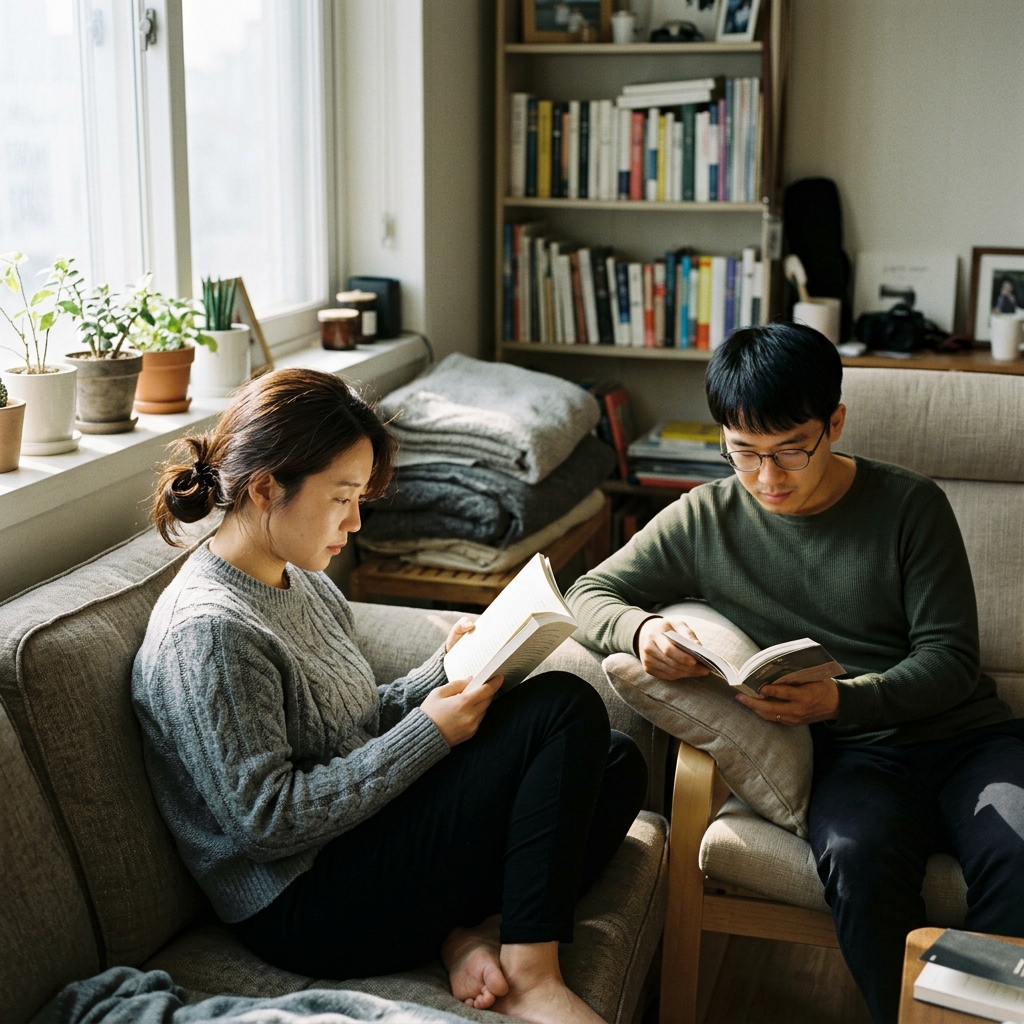 각자 책을 읽으며 편안하게 시간을 보내는 커플