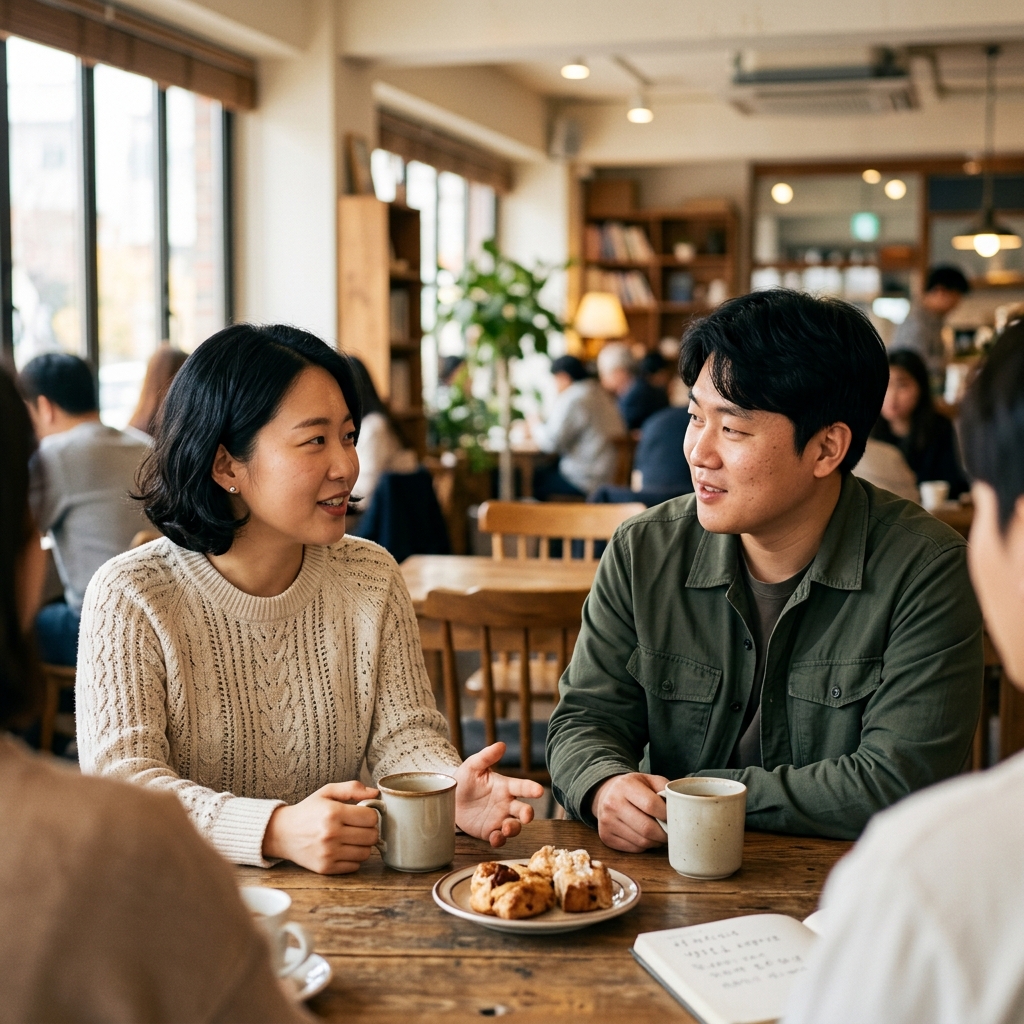 카페에서 편안하게 대화를 나누는 한국인 커플