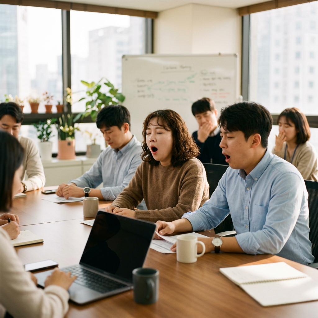 회의실에서 한 사람이 하품하자 옆 사람도 따라 하품하는 장면