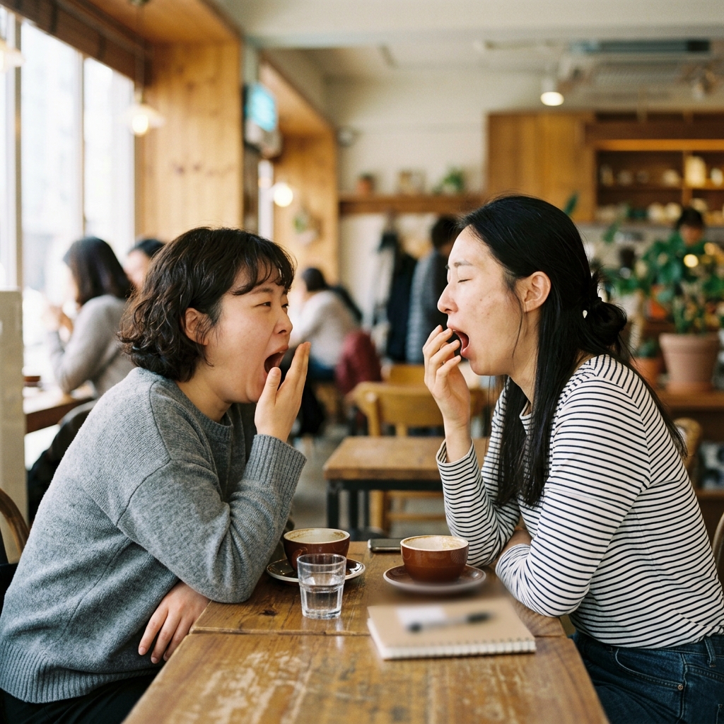 친구 둘이 마주 보며 함께 하품하는 자연스러운 모습