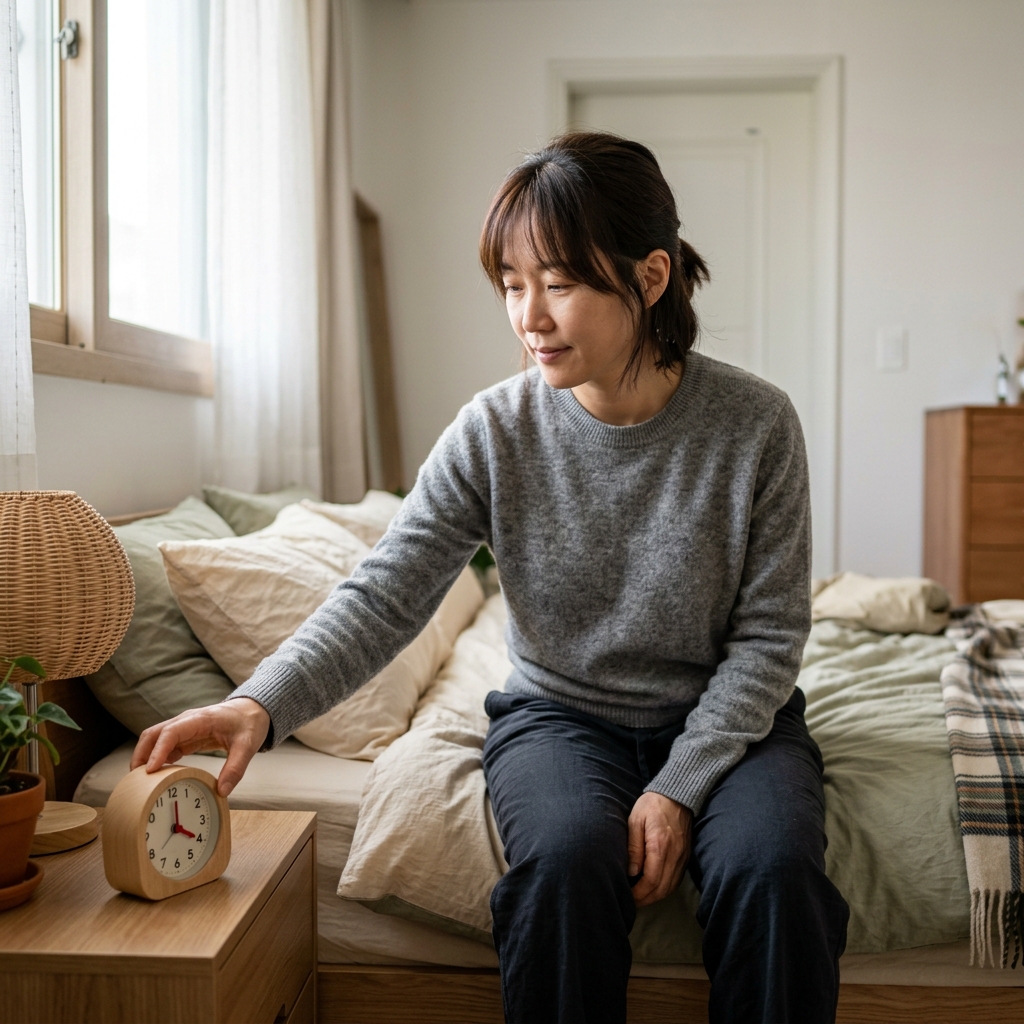 알람시계를 20분으로 맞춰 두고 낮잠 준비하는 장면