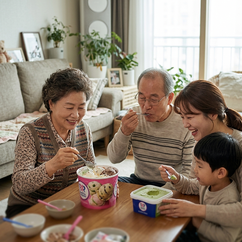 배스킨라빈스 하프갤런 아이스크림과 블록팩 제품이 놓인 테이블