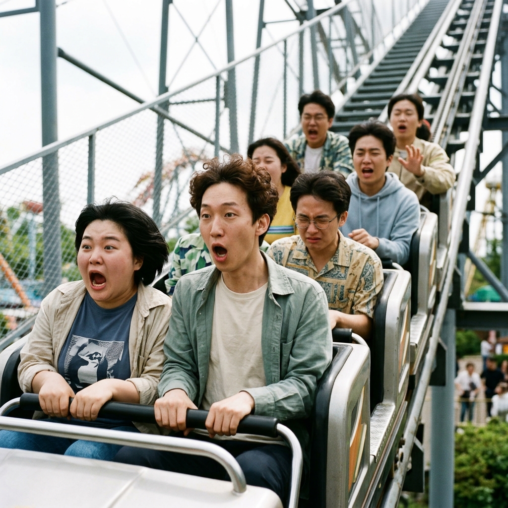 롤러코스터를 탄 사람들의 놀란 표정