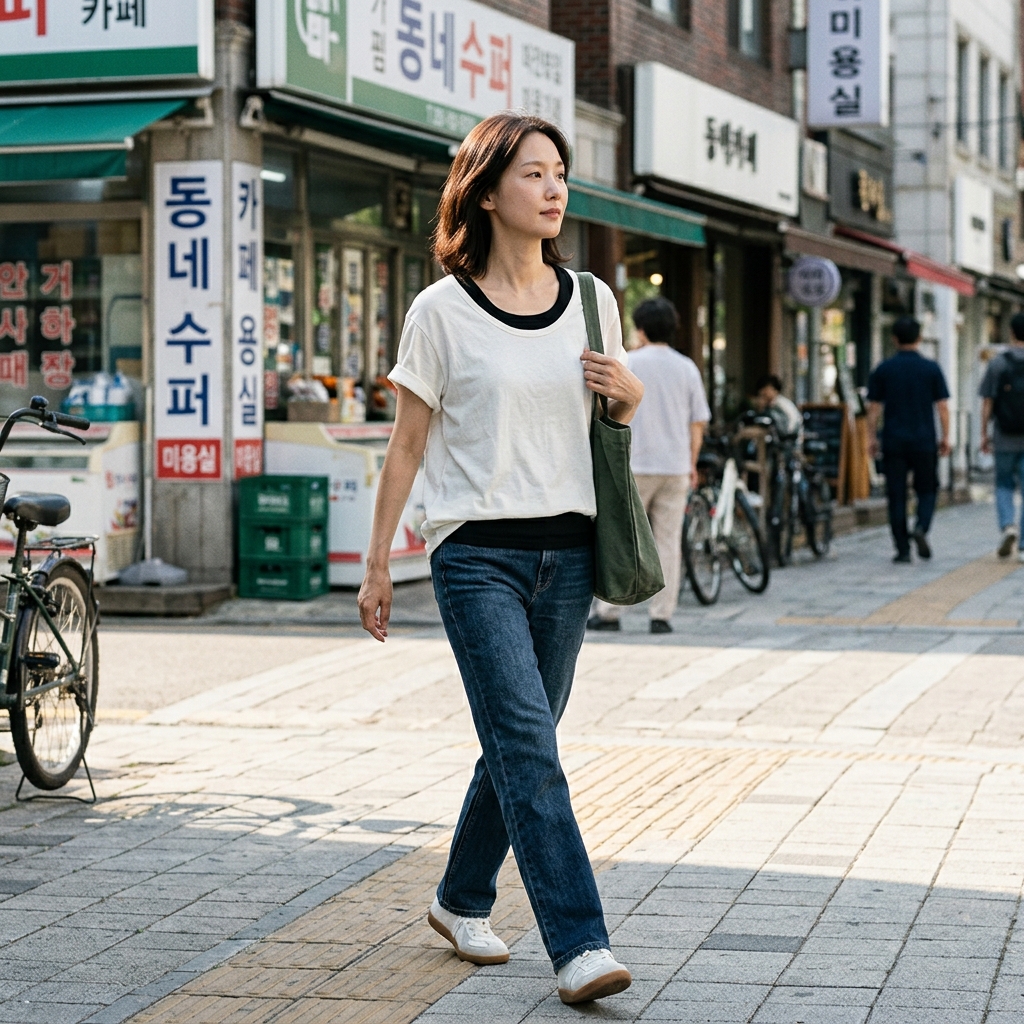 흰색 반팔티 안에 검은색 슬림 나시를 입은 여성이 가볍게 걷는 모습