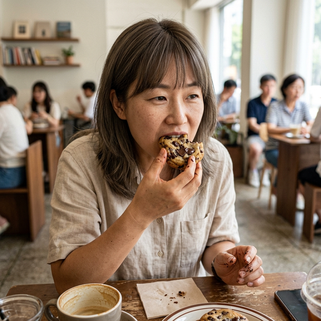 촉촉한 초코칩 쿠키를 한 입 베어 먹는 장면