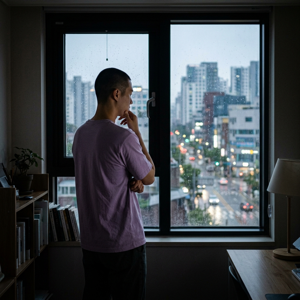 어두운 방 안에서 창밖을 바라보며 고민하는 사람의 뒷모습