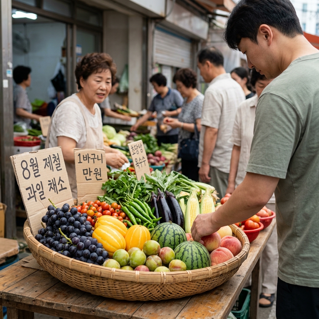 8월 제철 과일과 채소가 담긴 바구니