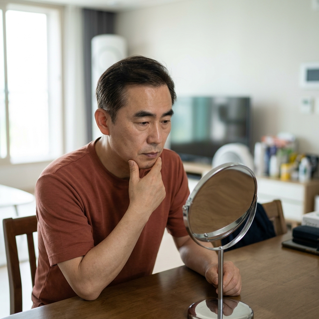 거울을 보며 자신에게 집중하는 사람의 모습