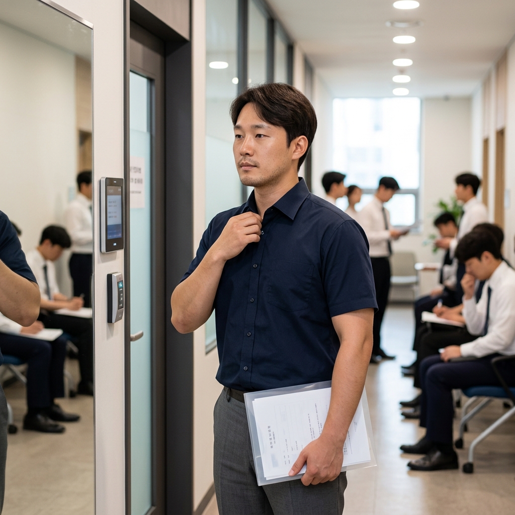 면접장 앞에서 준비하는 지원자의 모습