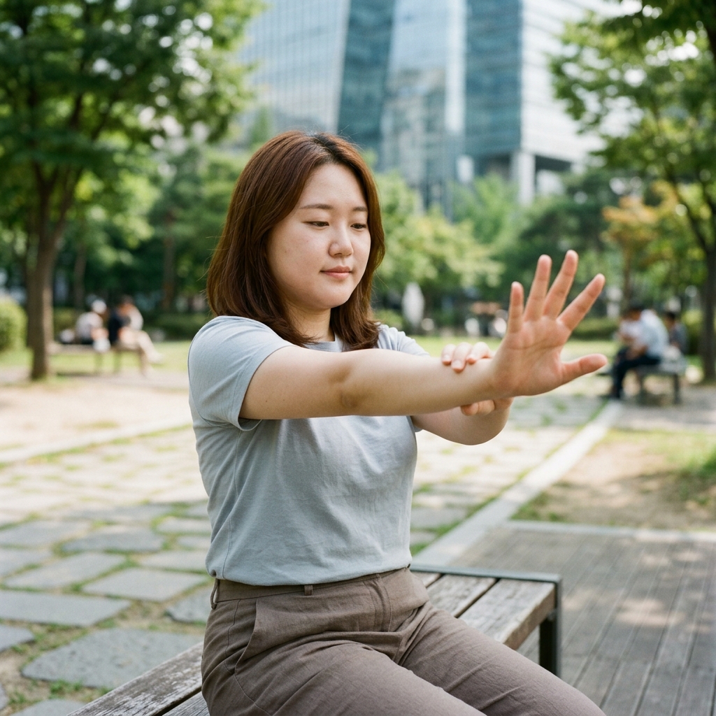 손을 펴고 가볍게 스트레칭하는 20대 한국인 여성