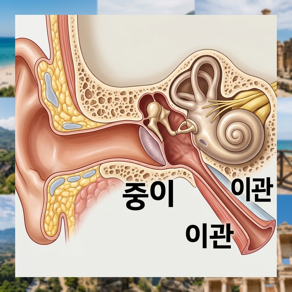귀 내부 구조 중 이관과 중이를 표시한 해부학적 다이어그램