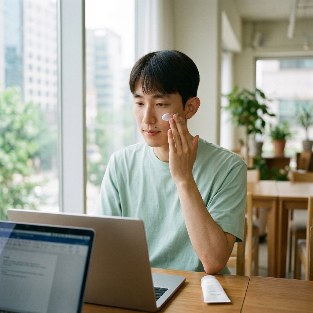 창가에서 노트북으로 일하는 여성이 선크림을 바르는 장면
