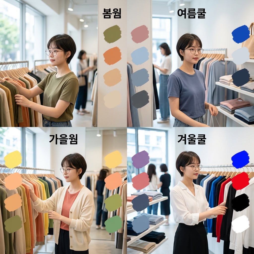 봄웜·여름쿨·가을웜·겨울쿨 각각의 대표 색상 팔레트와 코디 예시