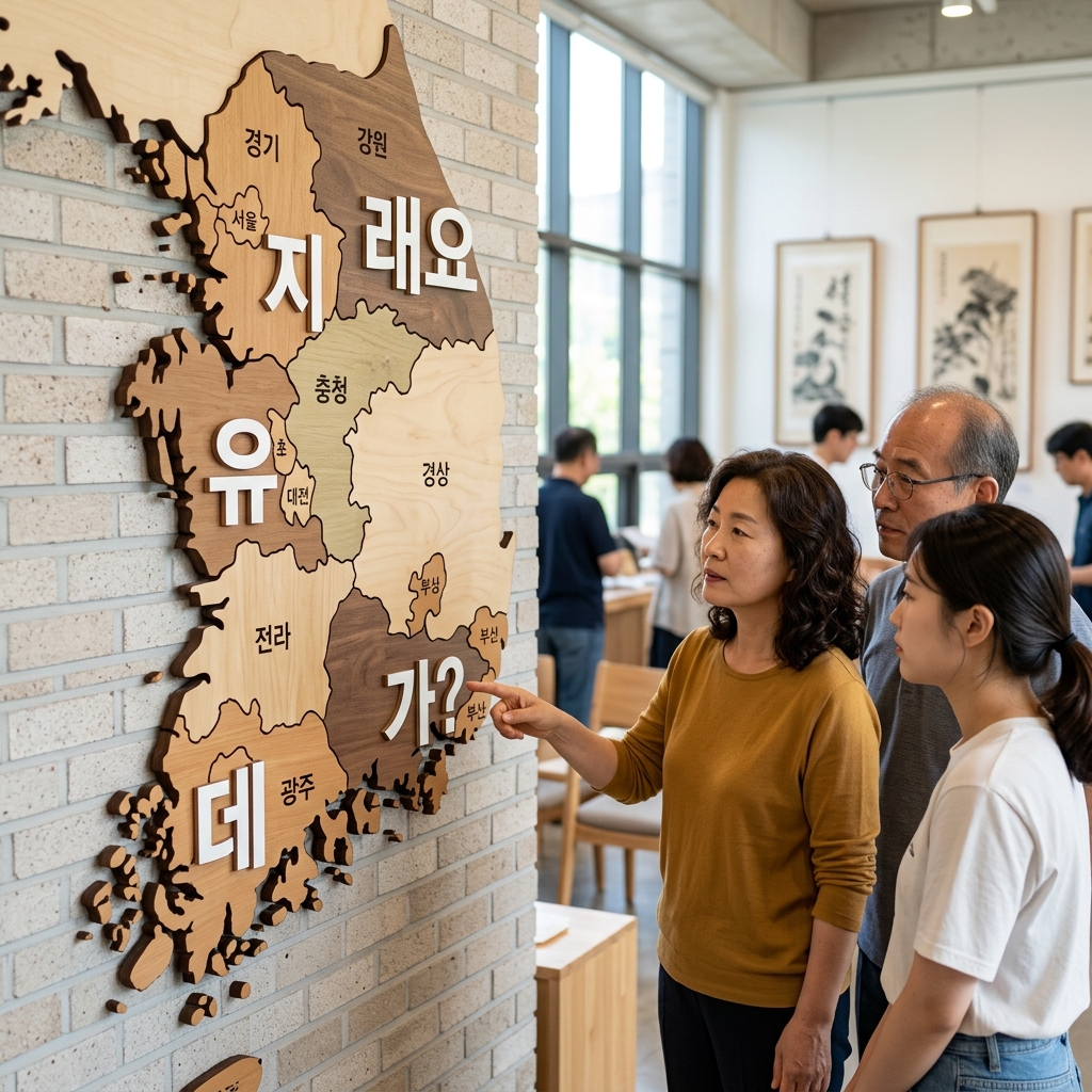 전국 지도 위에 지역별 대표 사투리 말끝이 표시된 모습