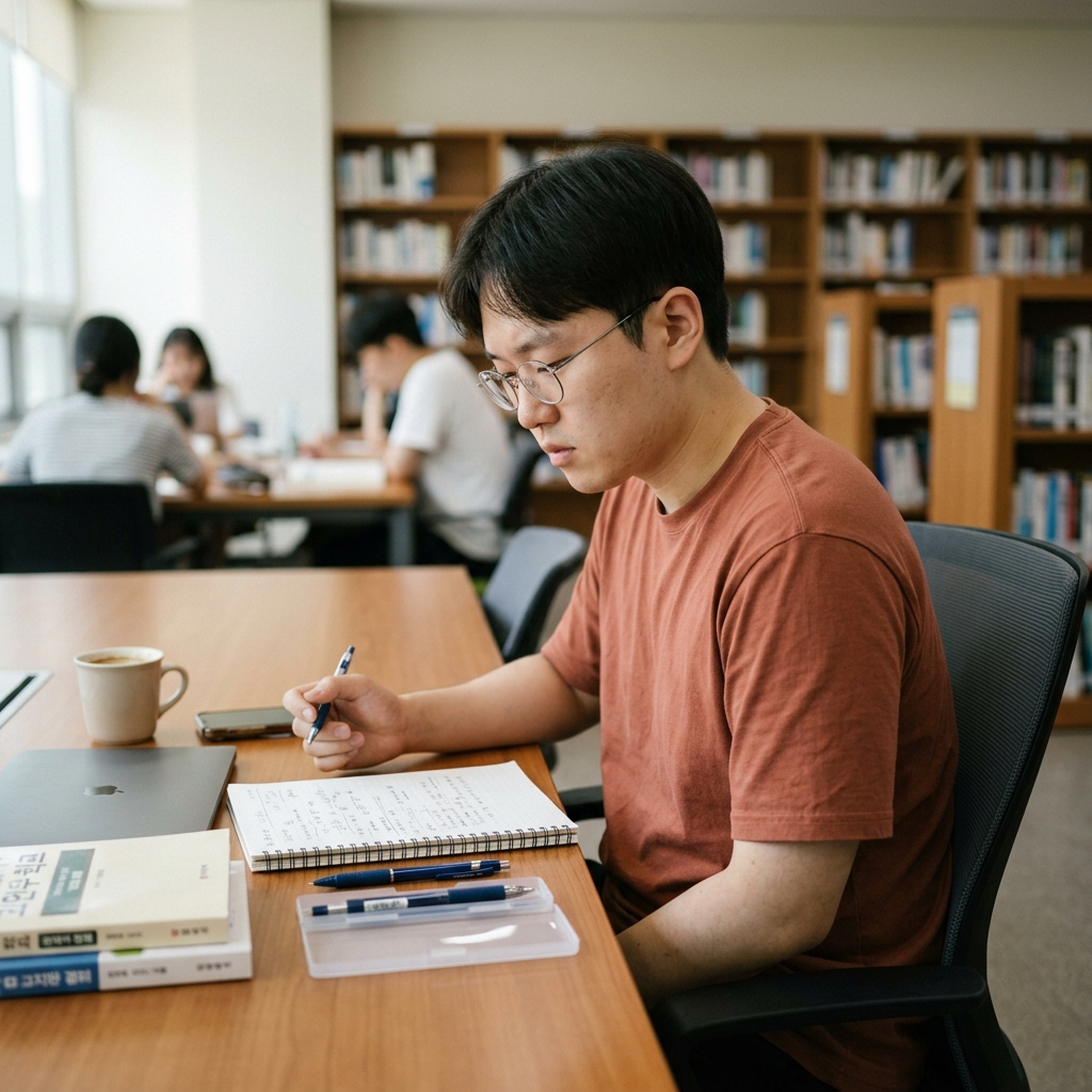 조용한 도서관 책상, 정리된 노트와 필기구가 놓인 학습 공간