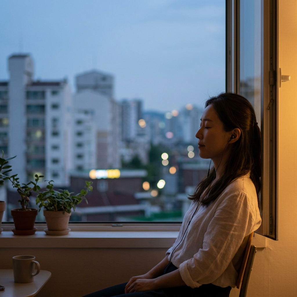 여름밤 창가에 앉아 조용히 음악을 듣는 사람의 실루엣