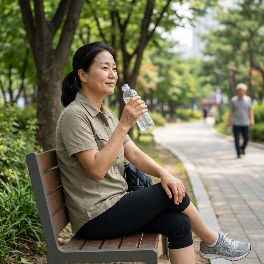 ์ด๋๋ณต ์ฐจ๋ฆผ์ผ๋ก ๊ณต์ ๋ฒค์น์ ์์ ๋ฌผ์ ๋ง์๋ฉฐ ํด์์ ์ทจํ๋ 60๋ ์ฌ์ฑ์ ๋ชจ์ต