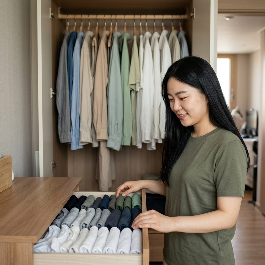 세로로 개어진 티셔츠가 서랍에 정돈된 모습과 옷걸이에 간격 있게 걸린 옷들