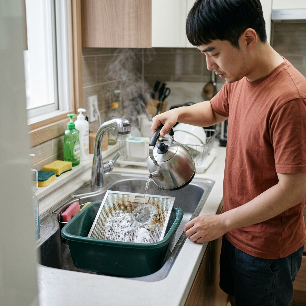 싱크대 옆 작업대 위 대야에 담긴 주방 후드 필터와 뜨거운 물을 부어주는 손, 아래 과탄산소다 가루가 뿌려진 모습