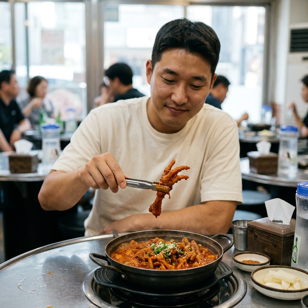 빨갛게 양념된 닭발을 집게로 집어 올리는 장면