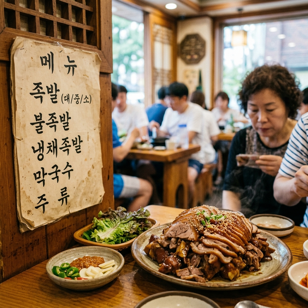 족발 맛집의 메뉴판과 푸짐하게 담긴 족발 한 접시