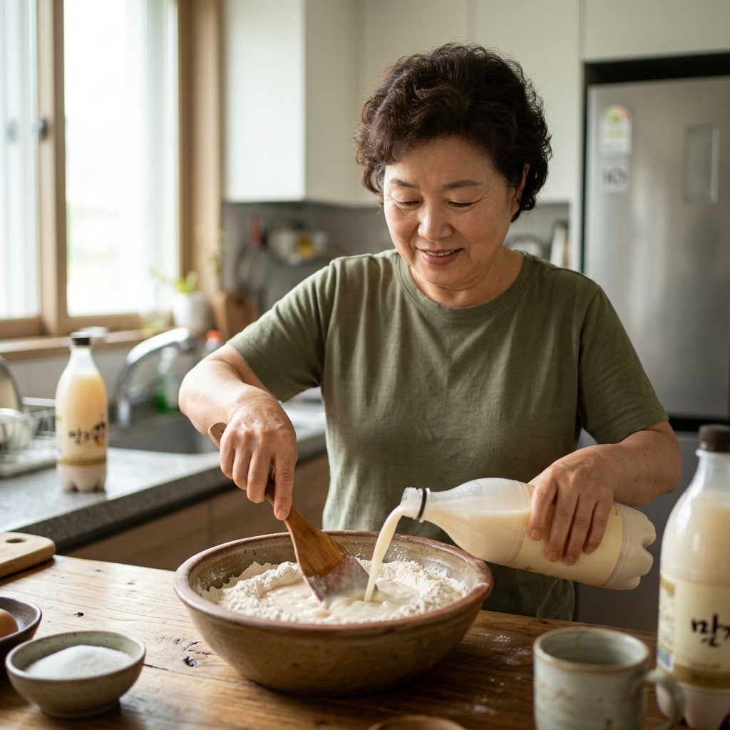막걸리를 밀가루 반죽에 섞는 과정