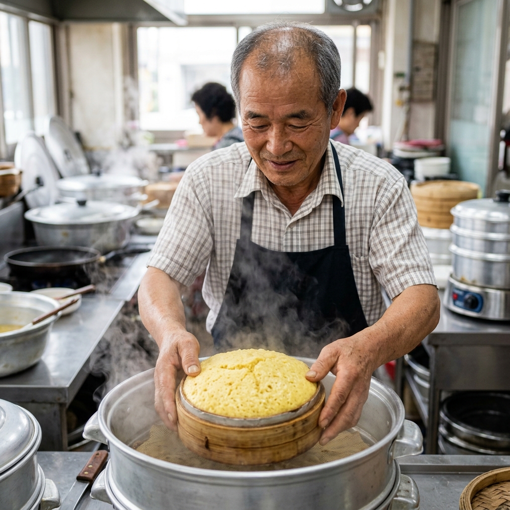 완성된 술빵을 찜기에서 꺼내는 장면
