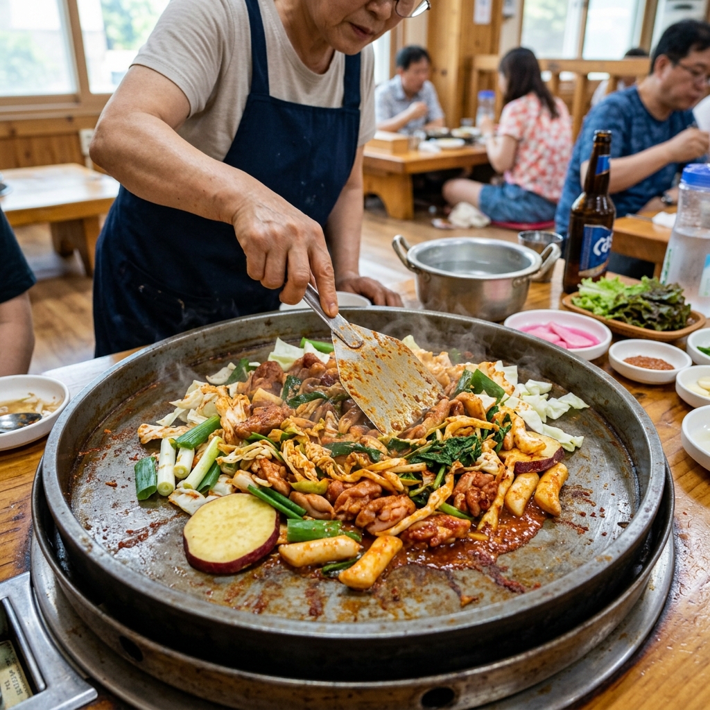 철판 위에서 양념과 함께 볶아지는 춘천 닭갈비와 채소들