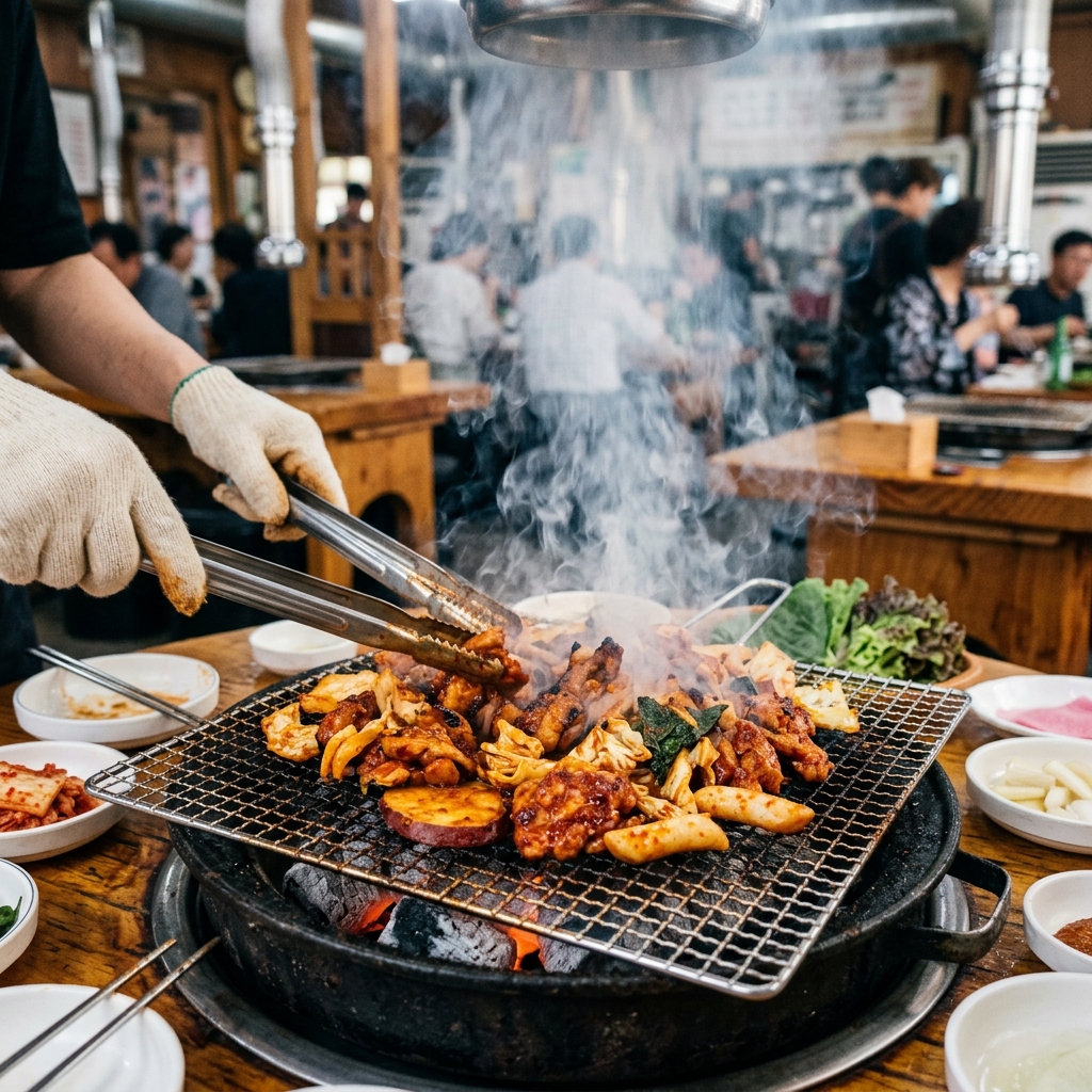 숯불 위에서 구워지는 닭갈비와 연기가 피어오르는 모습