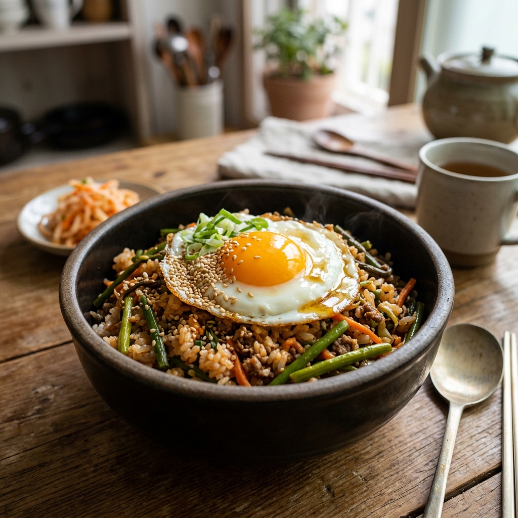 계란후라이와 참기름이 얹어진 완성된 마늘쫑 비빔밥 모습