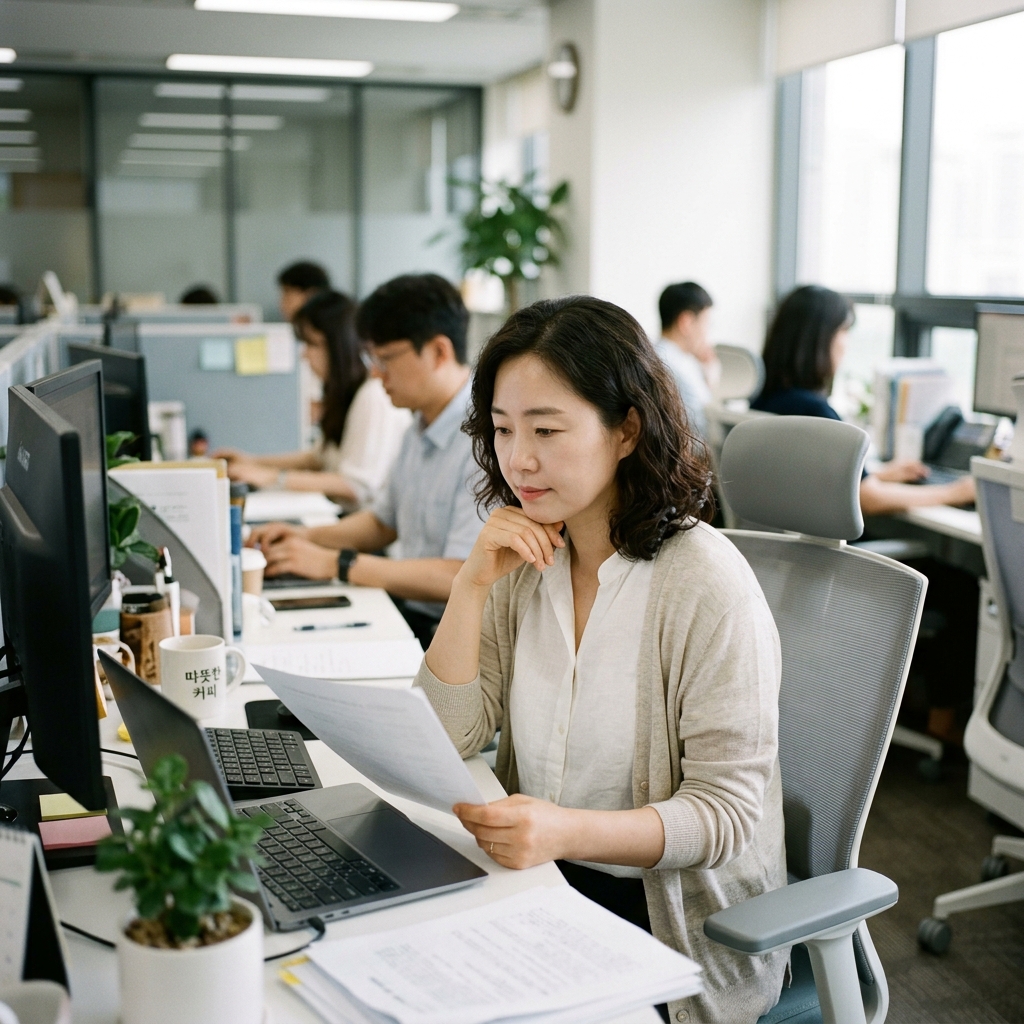 사무실에서 에어컨 바람을 피해 얇은 가디건을 걸친 직장인의 모습