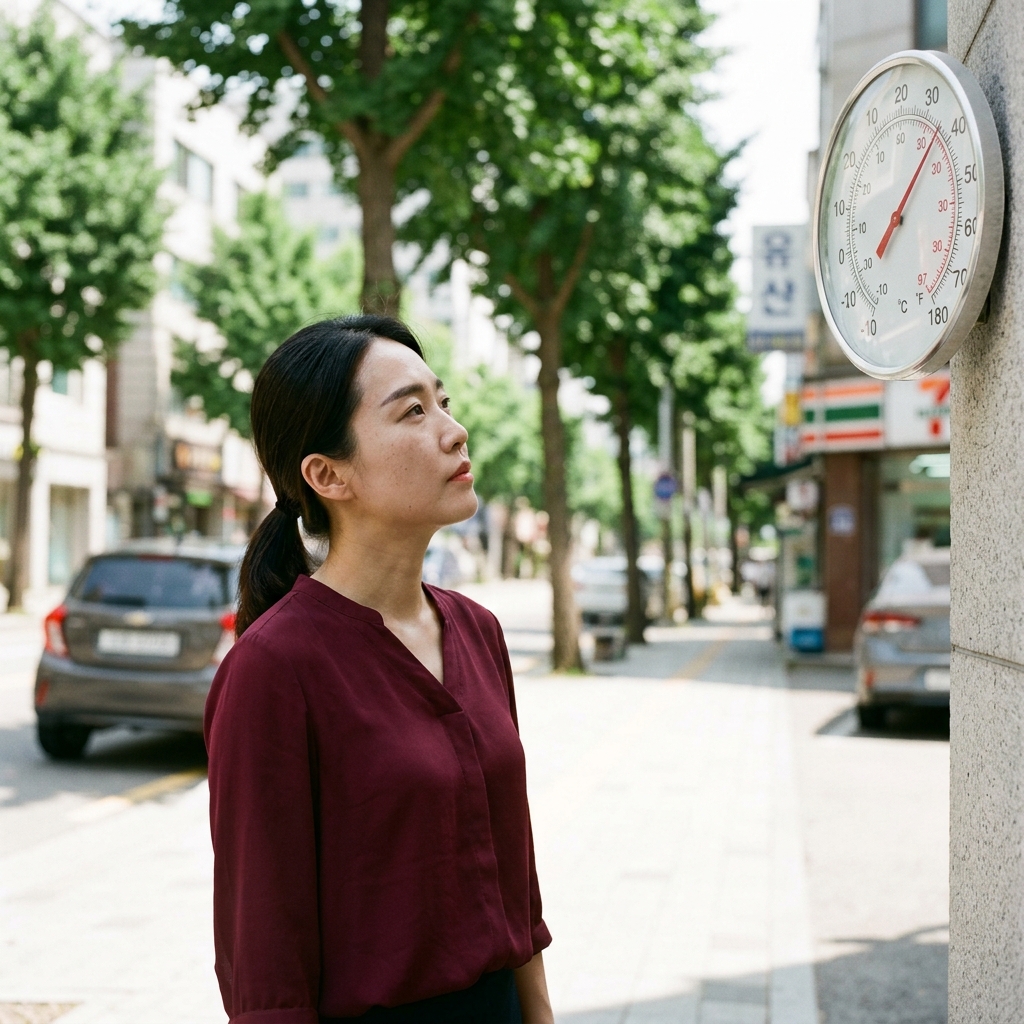 온도계가 높은 기온을 가리키는 여름날 모습